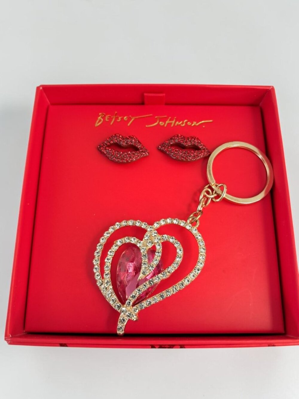 Betsy Johnson Hot Lips Earrings & Crystal Heart Bag Charm Gift Set